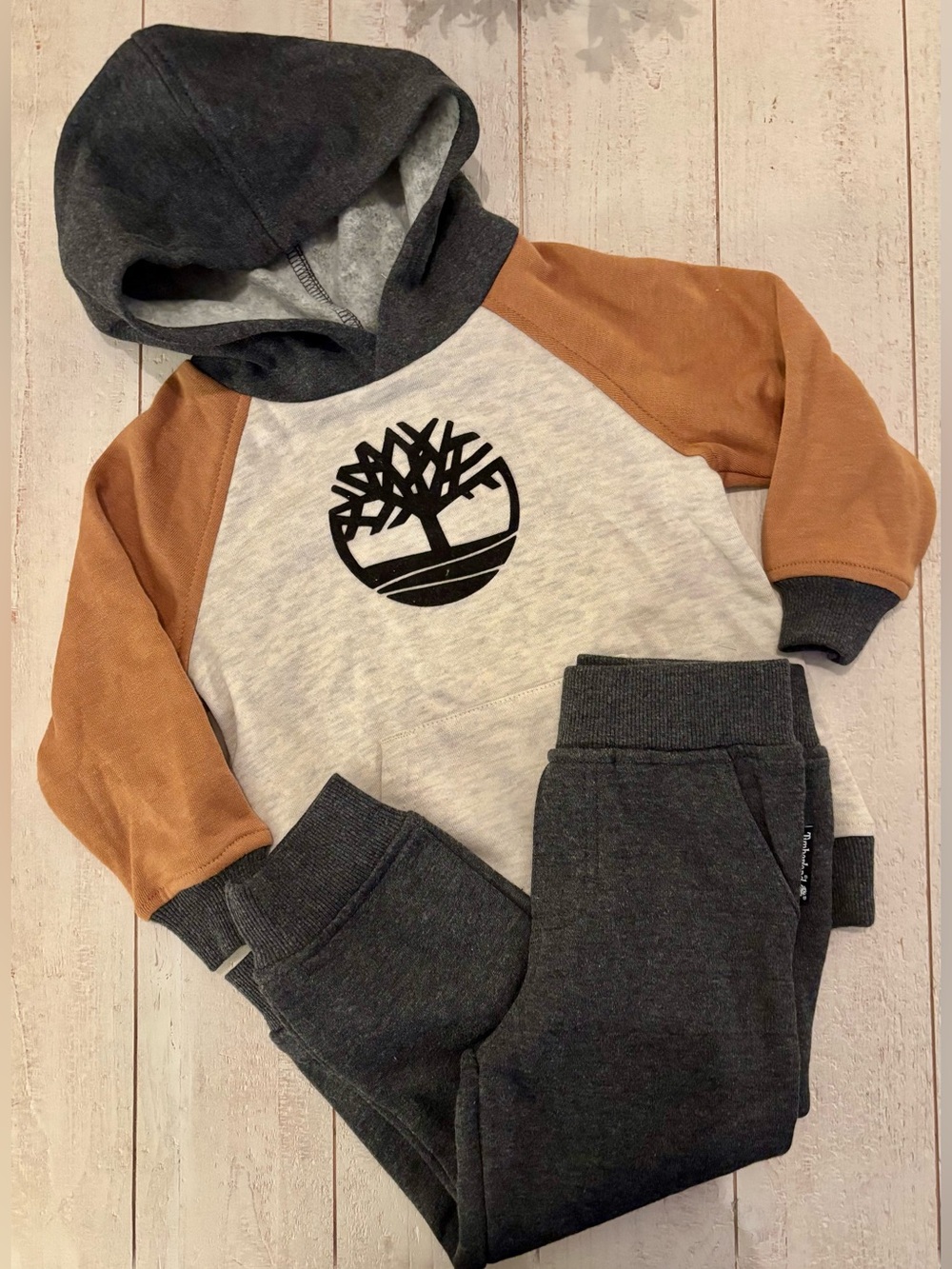 NEW! Timberland Gray, Tan & Dark Gray Colorblock Hoodie with Dark Gray Joggers